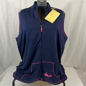 NEW Quacker Factory Women’s Plus Size 2X Navy Blue Zip Front Vest w Pink accents